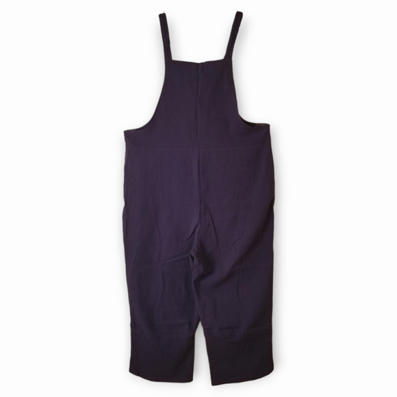 Linen Navy Blue Cropped Overalls, Medium - Picture 2 of 6